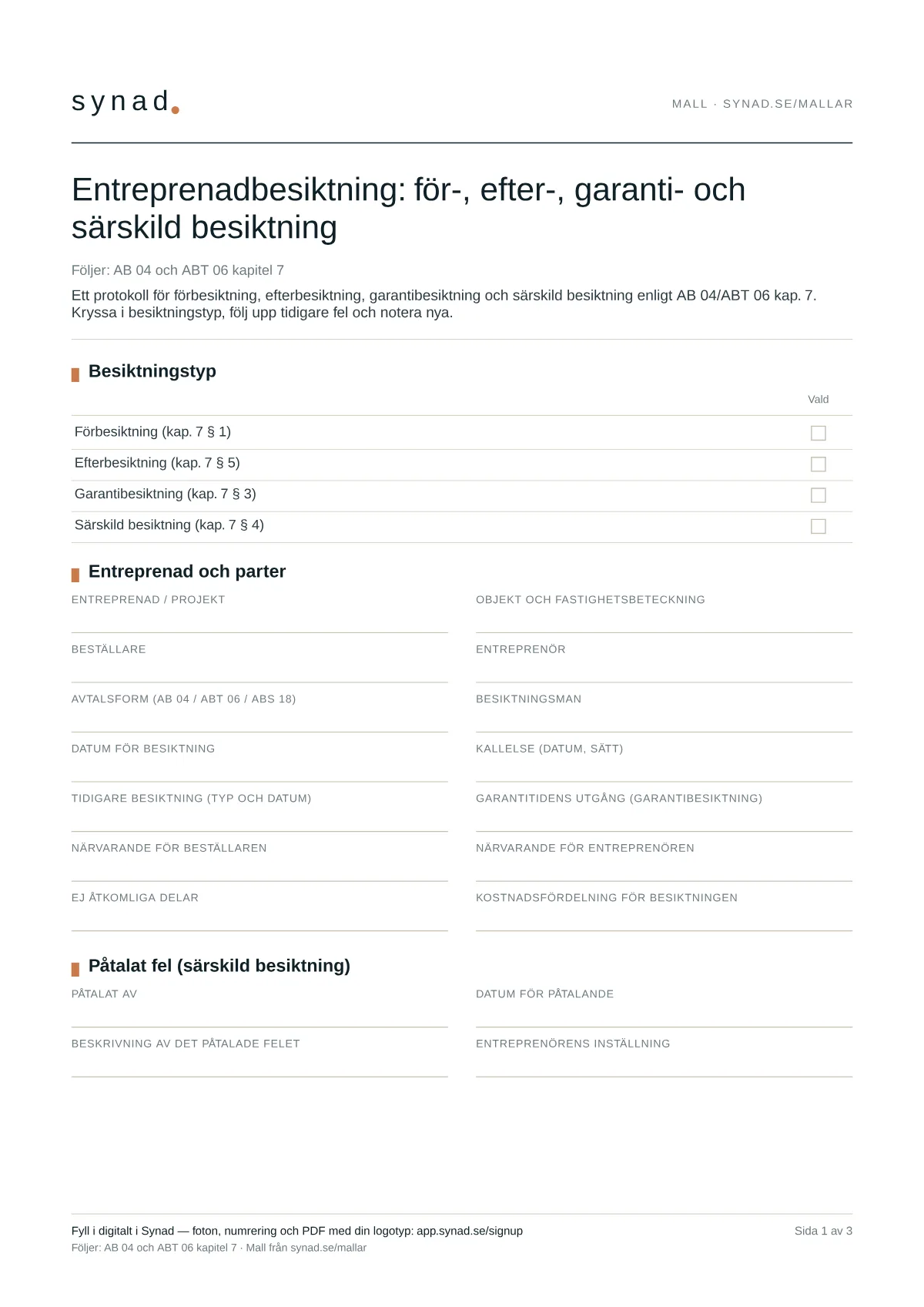 Entreprenadbesiktning: förhandsvisning av mallen, sida 1
